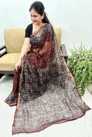 Burgundy Hand Block Printed Kota Doria Cotton Saree with Unstitched Blouse Piece(Lining Included)