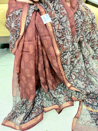 Burgundy Hand Block Printed Kota Doria Cotton Saree with Unstitched Blouse Piece(Lining Included)