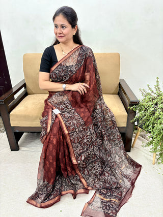 Burgundy Hand Block Printed Kota Doria Cotton Saree with Unstitched Blouse Piece(Lining Included)