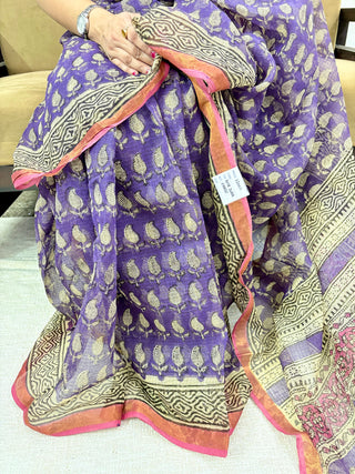 Mauve Handblock Print Kota Doria Cotton Saree with Zari border and Unstitched Blouse Piece(Lining Included)