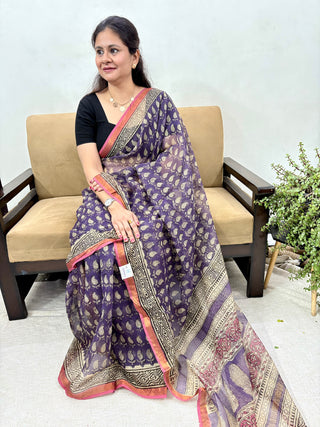 Mauve Handblock Print Kota Doria Cotton Saree with Zari border and Unstitched Blouse Piece(Lining Included)