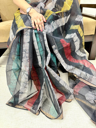 Black Stripe Hand Block Print Kota Doria Cotton Saree with Zari border and Unstitched Blouse Piece(Lining Included)