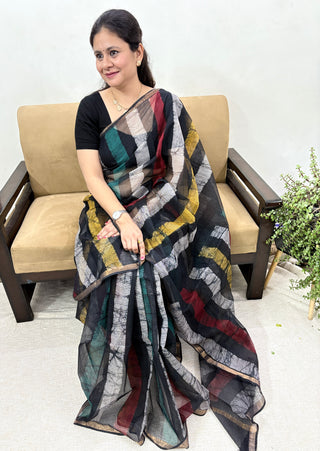 Black Stripe Hand Block Print Kota Doria Cotton Saree with Zari border and Unstitched Blouse Piece(Lining Included)