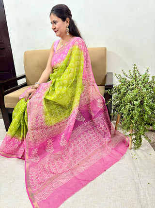 Hand Block Print Kota Doria Cotton Saree with zari border and unstitched Blouse Piece(Lining Included)