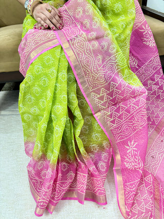 Hand Block Print Kota Doria Cotton Saree with zari border and unstitched Blouse Piece(Lining Included)