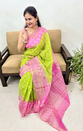 Hand Block Print Kota Doria Cotton Saree with zari border and unstitched Blouse Piece(Lining Included)