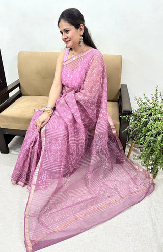 Mauve Handblock Print Kota Doria Cotton Saree with Zari border and Unstitched Blouse Piece(Lining Included)