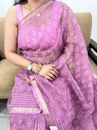Mauve Handblock Print Kota Doria Cotton Saree with Zari border and Unstitched Blouse Piece(Lining Included)