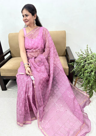 Mauve Handblock Print Kota Doria Cotton Saree with Zari border and Unstitched Blouse Piece(Lining Included)