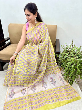 Light Green Chanderi Silk Saree with Unstitched Blouse Piece (Lining Included)