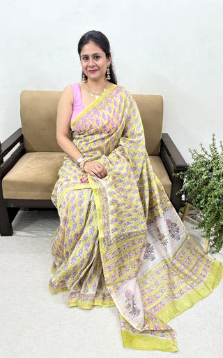 Light Green Chanderi Silk Saree with Unstitched Blouse Piece (Lining Included)