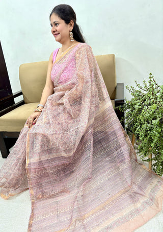 Handblock Print Kota Doria Cotton Saree with Zari border and Unstitched Blouse Piece(Lining Included)