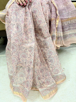 Handblock Print Kota Doria Cotton Saree with Zari border and Unstitched Blouse Piece(Lining Included)