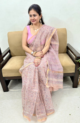 Handblock Print Kota Doria Cotton Saree with Zari border and Unstitched Blouse Piece(Lining Included)