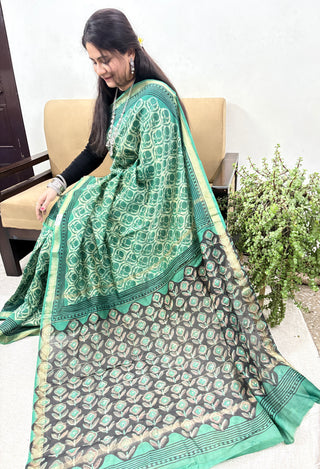 Vanaspati Ajrakh Maheshwari Silk Saree with Unstitched Blouse Piece (No Chemical Dyes)