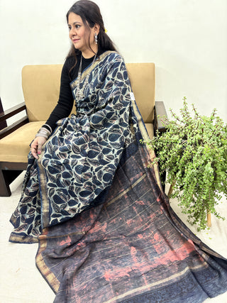 Vanaspati Ajrakh Maheshwari Silk Saree with Unstitched Blouse Piece (Lining Included)(No Chemical Dyes)