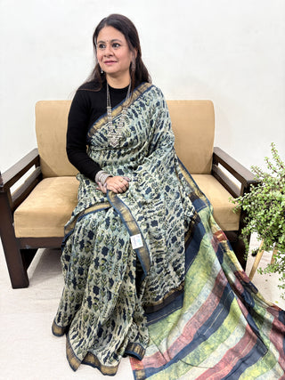 Vanaspati Ajrakh Maheshwari Silk Saree with Unstitched Blouse Piece(Lining Included) (No Chemical Dyes)