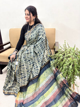 Vanaspati Ajrakh Maheshwari Silk Saree with Unstitched Blouse Piece(Lining Included) (No Chemical Dyes)