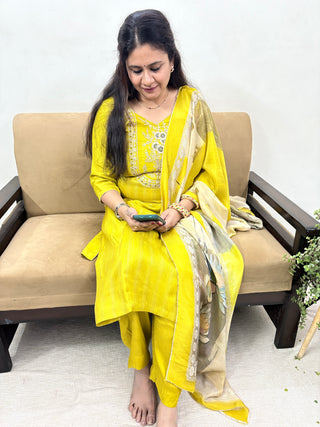 Unstitched Parrot Green Shimmer Party Wear Suit Fabric with neck embroidery