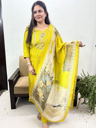 Unstitched Parrot Green Shimmer Party Wear Suit Fabric with neck embroidery