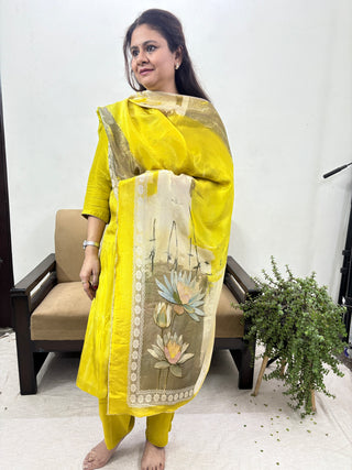 Unstitched Parrot Green Shimmer Party Wear Suit Fabric with neck embroidery