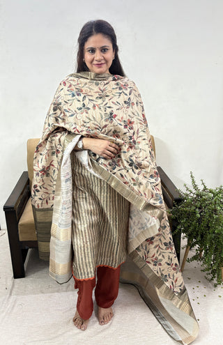 Brown Chikoo Color Party Wear Tussar Suit fabric with Tussar dupatta