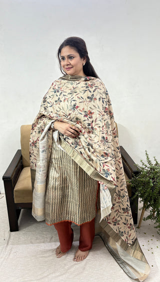 Brown Chikoo Color Party Wear Tussar Suit fabric with Tussar dupatta