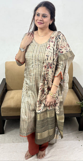 Brown Chikoo Color Party Wear Tussar Suit fabric with Tussar dupatta