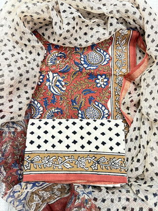 Red Kalamkari Handblock Office Wear Cotton Suit fabric with Kota doria Dupatta