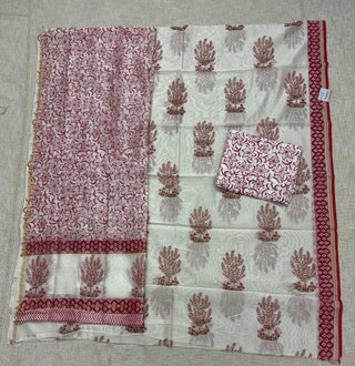 White Handblock Chanderi Suit Material with Chanderi Dupatta(Lining Included)