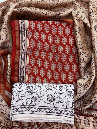Red Handblock Chanderi Suit Material with Chanderi Dupatta(Lining Included)