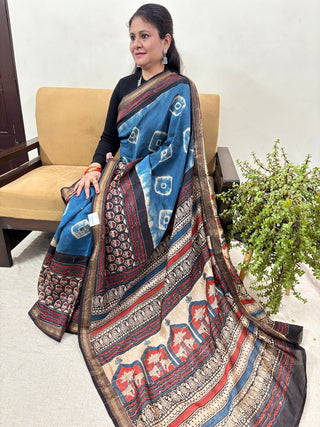 Premium Blue Maheshwari Silk Saree with Unstitched Blouse Piece (Lining Included)