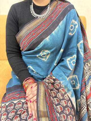 Premium Blue Maheshwari Silk Saree with Unstitched Blouse Piece (Lining Included)