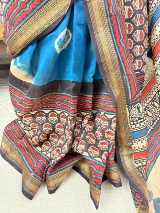 Premium Blue Maheshwari Silk Saree with Unstitched Blouse Piece (Lining Included)