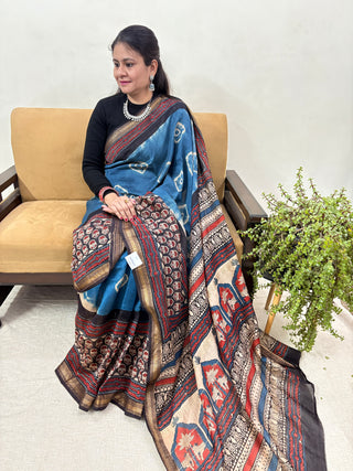 Premium Blue Maheshwari Silk Saree with Unstitched Blouse Piece (Lining Included)