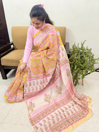 Premium Floral Yellow Chanderi Silk Saree with Unstitched Blouse Piece (Lining Included)