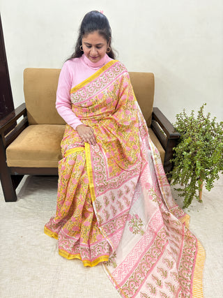 Premium Floral Yellow Chanderi Silk Saree with Unstitched Blouse Piece (Lining Included)