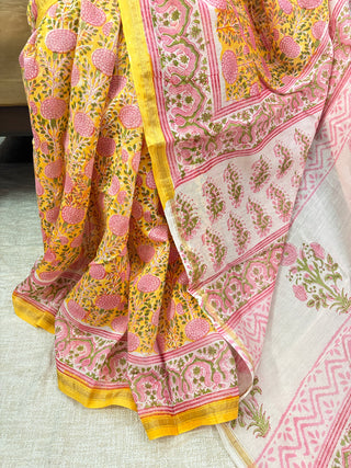Premium Floral Yellow Chanderi Silk Saree with Unstitched Blouse Piece (Lining Included)