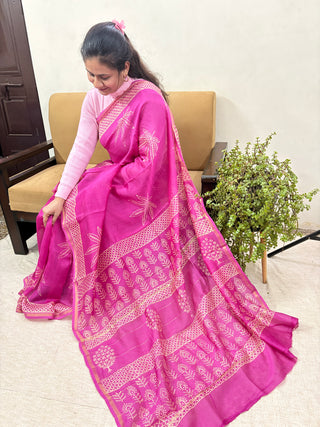 Pink Chanderi Silk Saree with Unstitched Blouse Piece (Lining Included)