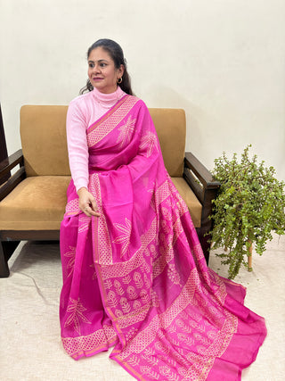 Pink Chanderi Silk Saree with Unstitched Blouse Piece (Lining Included)