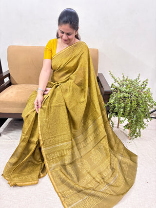 Mehendi Green Color Chanderi Silk Saree with Unstitched Blouse Piece (Lining Included)