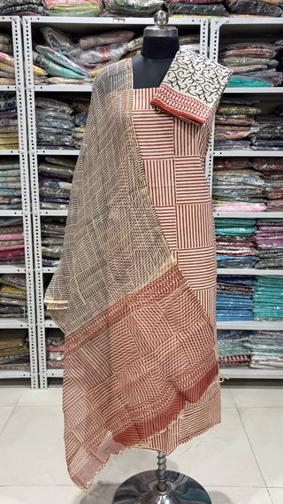 Cotton Block Print Office Wear Suit fabric with Kota Doria Dupatta