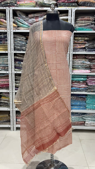 Cotton Block Print Office Wear Suit fabric with Kota Doria Dupatta