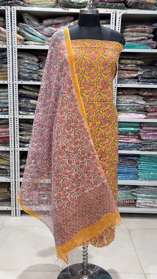 Cotton Block Print Office Wear Suit fabric with Kota Doria Dupatta