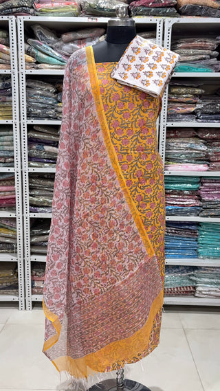Cotton Block Print Office Wear Suit fabric with Kota Doria Dupatta