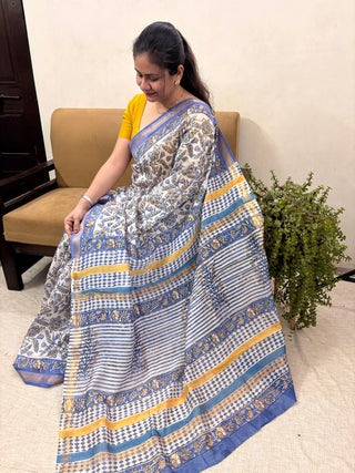 Off White Floral Maheshwari Silk Saree with Unstitched Blouse Piece (Lining Included)