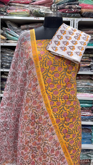 Cotton Block Print Office Wear Suit fabric with Kota Doria Dupatta