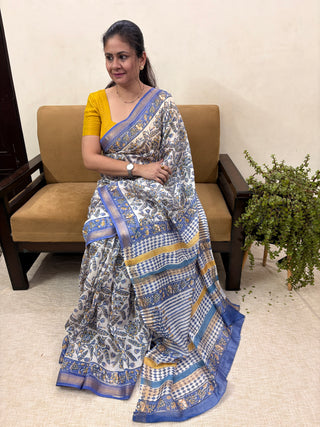 Off White Floral Maheshwari Silk Saree with Unstitched Blouse Piece (Lining Included)