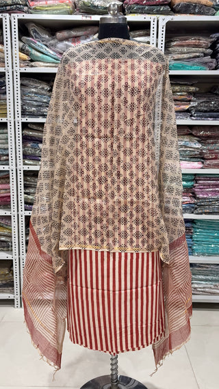 Cotton Block Print Office Wear Suit fabric with Kota Doria Dupatta