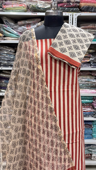 Cotton Block Print Office Wear Suit fabric with Kota Doria Dupatta